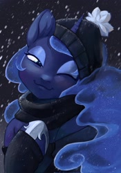 Size: 1431x2048 | Tagged: safe, artist:murimio_, imported from derpibooru, princess luna, alicorn, anthro, arm hooves, beanie, clothes, ethereal mane, female, hat, hoof on chest, hoof shoes, horn, lidded eyes, looking at you, one eye closed, princess shoes, scarf, smiling, smiling at you, snow, snowfall, solo