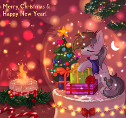 Size: 2140x2000 | Tagged: safe, artist:vitani, imported from derpibooru, oc, oc only, pony, unicorn, candle, christmas, clothes, eyes closed, happy new year, holiday, horn, merry christmas, present, scarf, snow globe, solo