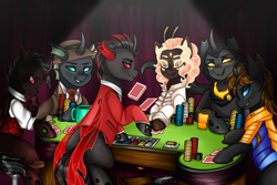 Size: 6000x4000 | Tagged: safe, artist:savvygaia, imported from derpibooru, oc, oc:buggo, oc:closed case, oc:flavis, changeling, black jack, blue changeling, card game, clothes, gambling, indoors, red changeling, suit, yellow changeling