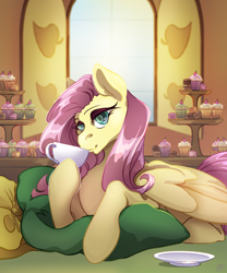 Size: 2000x2400 | Tagged: safe, artist:villiris, imported from derpibooru, fluttershy, cherry, cup, cupcake, dessert, folded wings, food, indoors, macaron, pillow, saucer, solo, teacup, throw pillow, window, wingding eyes, wings