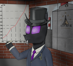 Size: 1918x1733 | Tagged: safe, artist:john_pepsi, imported from derpibooru, oc, oc only, changeling, equestria at war mod, capitalism, changeling oc, clothes, factory, hat, horn, indoors, jacket, male, necktie, pen, pocket watch, purple changeling, purple eyes, quote, raised hoof, shirt, suit, top hat, window