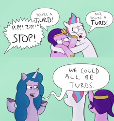 Size: 960x1023 | Tagged: safe, artist:toonyloo, imported from derpibooru, izzy moonbow, pipp petals, zipp storm, pegasus, pony, unicorn, argument, g5, horn, jewelry, regalia, regular show, simple background, speech bubble, vulgar