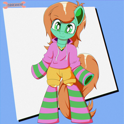 Size: 2000x2000 | Tagged: safe, artist:trackheadtherobopony, imported from derpibooru, oc, oc only, oc:goldheart, pony, robot, robot pony, semi-anthro, clothes, hoodie, looking at you, socks, striped socks