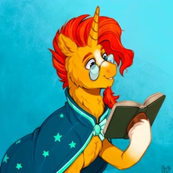 Size: 3000x3000 | Tagged: safe, artist:birdoffnorth, imported from derpibooru, sunburst, pony, unicorn, book, cloak, clothes, ear fluff, facial hair, glasses, goatee, horn, male, reading, smiling, solo, stallion, sunburst's cloak, sunburst's glasses