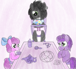 Size: 760x690 | Tagged: safe, artist:snowflakepone, imported from derpibooru, oc, oc:cotton candy, oc:etheral darkness, oc:pinky shine, fanfic:playing house, abdl, annoyed, baby bottle, cookie, detailed background, diaper, diaper fetish, fetish, food, humiliation, pacifier, sitting, tea party, teapot