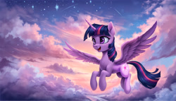 Size: 2688x1536 | Tagged: safe, imported from twibooru, twilight sparkle, alicorn, pony, ai content, ai generated, female, image, needs more jpeg, prompter:cypher, solo, solo female, wings