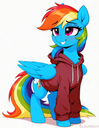 Size: 1072x1376 | Tagged: safe, editor:cloudmild, imported from twibooru, rainbow dash, pegasus, pony, ai content, ai generated, clothes, eyebrows visible through hair, female, folded wings, generator:stable diffusion, generator:zoinksnoob, hoodie, image, lidded eyes, mare, needs more jpeg, prompter:cloudmild, simple background, smiling, solo, white background, wings