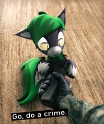 Size: 1378x1642 | Tagged: safe, artist:mister-karter, imported from derpibooru, oc, oc only, bat pony, pony, clothes, crime, gloves, gun, hand, meme, military uniform, offscreen character, pov, tags needed, text, uniform, weapon