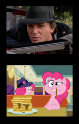 Size: 646x1018 | Tagged: safe, imported from derpibooru, screencap, pinkie pie, earth pony, human, the saddle row review, back to the future, fedora, hat, implied time travel, irl, irl human, marty mcfly, my little pony, photo, solo