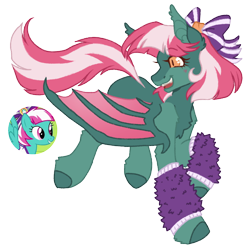 Size: 1000x1000 | Tagged: safe, artist:kazmuun, imported from derpibooru, part of a set, spring step, sunlight spring, bat pony, pony, series:kazmuun's drawing every pony, alternate coat color, alternate design, alternate eye color, bangs, bat ponified, blush lines, blushing, bobcut, bow, cheerleader, chest fluff, claws, clothes, colored, colored eyelashes, colored hooves, colored legs, colored lineart, colored pinnae, colored pupils, colored wings, countershading, cute, cute little fangs, ear fluff, ear tufts, eyebrows, eyebrows visible through hair, facial markings, fangs, female, fetlock tuft, flat colors, flowing mane, flowing tail, fluffy leg warmers, folded wings, golden eyes, gradient wings, green coat, green hooves, hair accessory, hair bow, heart, hock fluff, hooves, leg warmers, mane accessory, mare, mealy mouth (coat marking), open mouth, open smile, orange eyes, pink mane, pink tail, profile, race swap, red eyelashes, red pupils, redesign, running, screencap reference, short hair, short mane, shoulder fluff, signature, simple background, slit pupils, smiling, solo, straight mane, straight tail, tail, tall ears, transparent background, turned head, two toned mane, two toned tail, two toned wings, white text, wing claws, wings