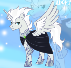 Size: 1280x1212 | Tagged: safe, artist:vi45, imported from derpibooru, oc, oc only, alicorn, pony, adoptable, base used, blue eyes, cloak, clothes, colored wings, frown, gradient background, gradient mane, gradient tail, gray coat, hoof shoes, horn, long horn, long tail, looking back, male, male alicorn, male alicorn oc, male oc, narrowed eyes, peytral, princess shoes, raised hoof, silver mane, silver tail, solo, spiky mane, spread wings, stallion, stallion oc, standing, standing on three hooves, tail, two toned mane, two toned tail, two toned wings, unicorn horn, white mane, white tail, wings, zoom layer