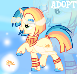 Size: 1280x1230 | Tagged: safe, artist:vi45, imported from derpibooru, oc, oc only, pony, unicorn, adoptable, base used, blue eyeshadow, bobcut, bracelet, clothes, eyelashes, eyeshadow, female, female oc, gold jewelry, gradient background, green eyes, horn, jewelry, lidded eyes, makeup, mare, mare oc, multicolored mane, multicolored tail, open mouth, open smile, peytral, profile, raised hoof, sash, see-through, shiny hooves, short hair, short mane, silk, small horn, smiling, solo, sparkly eyeshadow, standing, standing on three hooves, straight mane, straight tail, tail, tail accessory, tail cuff, unicorn oc, unshorn fetlocks, yellow coat, zoom layer