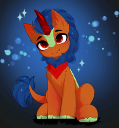 Size: 3807x4111 | Tagged: safe, alternate version, artist:empress-twilight, imported from derpibooru, oc, oc only, oc:jack masters, kirin, bandana, blue mane, blue tail, cheek fluff, chest fluff, cloven hooves, colored hooves, colored pupils, commission, ear fluff, fangs, gradient background, gradient eyes, green hooves, high res, hooves, horn, kirin horn, kirin oc, leg fluff, leonine tail, male, male oc, neckerchief, red eyes, red pupils, shiny horn, shiny mane, shiny tail, shoulder fluff, sitting, solo, sparkles, stallion, tail, unshorn fetlocks, ych result