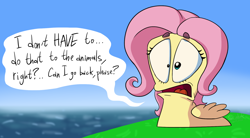 Size: 1822x1008 | Tagged: safe, artist:stinkek, imported from derpibooru, fluttershy, pegasus, worm, beanbrows, crossover, eyebrows, female, flutterworm, open mouth, outdoors, solo, speech bubble, wings, wormified, worms (video game), worried