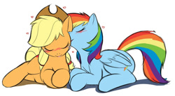 Size: 500x276 | Tagged: source needed, safe, artist:0r0ch1, artist:halley-valentine, edit, imported from derpibooru, applejack, rainbow dash, earth pony, pegasus, pony, appledash, applejack's hat, blushing, cowboy hat, duo, duo female, female, folded wings, hairband, hat, kissing, lesbian, shipping, simple background, tail, tail band, white background, wings