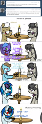 Size: 663x1947 | Tagged: safe, imported from derpibooru, beauty brass, dj pon-3, frederic horseshoepin, octavia melody, parish nandermane, vinyl scratch, earth pony, pony, unicorn, ask, bowtie, bread, candle, comic, date, female, food, horn, mare, soup, tea, tumblr, vinyl's glasses