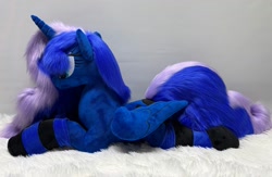 Size: 1280x836 | Tagged: safe, artist:melodis, imported from derpibooru, princess luna, alicorn, pony, clothes, folded wings, irl, lying down, photo, plushie, prone, socks, solo, striped socks, wings