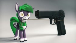 Size: 2560x1440 | Tagged: safe, artist:mister-karter, imported from derpibooru, oc, oc only, oc:dagger strike, bat pony, pony, clothes, gradient background, gun, imminent death, imminent suicide, rope, scarf, solo, striped scarf, this will end in death, thousand yard stare, weapon