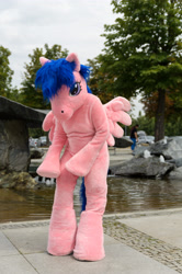 Size: 3264x4928 | Tagged: safe, artist:atalonthedeer, imported from derpibooru, firefly, 2015, fursuit, g1, galacon, irl, outdoors, photo, ponysuit, solo