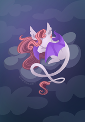 Size: 1640x2360 | Tagged: safe, artist:stirren, imported from derpibooru, oc, oc:alruna moonrise, bat pony, bat pony oc, bat wings, cloud, ears up, long mane, long tail, tail, wings