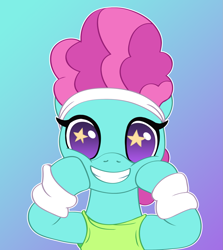 Size: 1589x1778 | Tagged: safe, artist:anonymousandrei, derpibooru exclusive, imported from derpibooru, flashdancer, earth pony, pony, clothes, female, gradient background, headband, mare, no pupils, outline, smiling, solo, starry eyes, white outline, wingding eyes