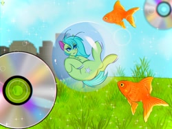 Size: 1600x1200 | Tagged: safe, artist:namelessplaza, imported from derpibooru, oc, oc only, oc:starzie, alien, alien pony, fish, goldfish, aestetic, bubble, cd, cloud, female, field, frutiger aero, grass, grass field, open mouth, sky, solo, town