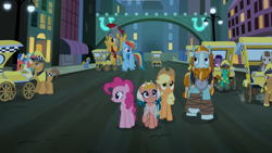 Size: 1366x768 | Tagged: safe, imported from derpibooru, screencap, applejack, barbara banter, blueberry curls, bubblegum blossom, caboose, crimson cream, evening star, fashion statement, flash magnus, mare e. belle, perfect pace, pinkie pie, rockhoof, somnambula, star gazer, earth pony, pegasus, pony, shadow play, egyptian, egyptian headdress, egyptian pony, fare ride, my little pony, outdoors, unnamed character, unnamed pony