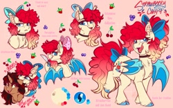 Size: 1918x1200 | Tagged: safe, artist:thehaywaiianhorse, imported from derpibooru, oc, oc only, oc:bramble angel mele, oc:strawberry cakepop, bat pony, pony, bow, cheek fluff, cherry, duo, female, food, hair bow, knife, mare, reference sheet, strawberry, tail, tail bow