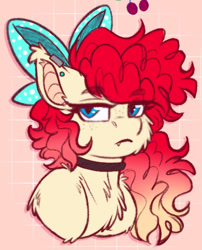 Size: 1280x1581 | Tagged: safe, artist:thehaywaiianhorse, imported from derpibooru, oc, oc only, oc:strawberry cakepop, bat pony, pony, bow, bust, cheek fluff, female, hair bow, mare, portrait, solo