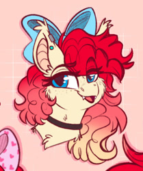 Size: 1280x1532 | Tagged: safe, artist:thehaywaiianhorse, imported from derpibooru, oc, oc only, oc:strawberry cakepop, bat pony, pony, bow, bust, cheek fluff, female, hair bow, mare, portrait, solo