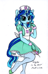 Size: 771x1200 | Tagged: safe, artist:sepiakeys, imported from derpibooru, oc, oc only, oc:blue giggles, anthro, unguligrade anthro, unicorn, crossdressing, horn, male, nurse outfit, simple background, solo, white background