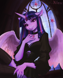 Size: 1918x2380 | Tagged: safe, artist:xilene, imported from derpibooru, twilight sparkle, alicorn, anthro, cathedral, clothes, female, goth, gothic, socks, solo, stockings, thigh highs, twilight sparkle (alicorn)