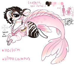 Size: 899x800 | Tagged: safe, artist:octanez, imported from derpibooru, oc, oc only, anthro, hippocampus, merpony, okapi, pony, experiment, female to male, fins, fish tail, mermaid tail, reference sheet, rule 63, tail, transgender, white back