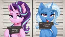 Size: 2560x1440 | Tagged: safe, edit, editor:siber, imported from twibooru, starlight glimmer, trixie, pony, unicorn, ai content, ai generated, barbie mugshot meme, duo, ear fluff, female, frown, generator:zoinksnoob, hoof hold, horn, image, lidded eyes, looking at you, mare, meme, mugshot, needs more jpeg, open mouth, open smile, prompter:siber, sign, smiling, smiling at you, tantabus exclusive, unamused