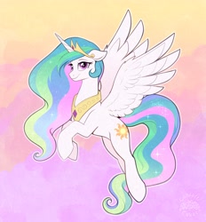 Size: 3108x3356 | Tagged: safe, artist:confetticakez, imported from derpibooru, princess celestia, alicorn, pony, crown, ethereal mane, ethereal tail, female, floppy ears, flying, jewelry, mare, regalia, smiling, spread wings, tail, wings