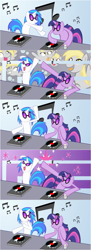 Size: 855x2352 | Tagged: artist needed, safe, imported from derpibooru, derpy hooves, dj pon-3, twilight sparkle, vinyl scratch, pegasus, pony, unicorn, female, horn, mare, music notes, parody, rhythm heaven, sunglasses, trio, trio female, turntable, unicorn twilight, vinyl's glasses