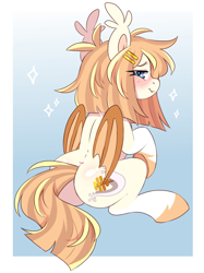 Size: 1534x2048 | Tagged: safe, artist:cheekipone, oc, oc only, oc:honey milk, bat pony, pony, bat pony oc, bat wings, blushing, butt, butt blush, duolingo, ear tufts, eyebrows, fangs, female, freckles, hairclip, looking at you, looking back, looking back at you, mare, passepartout, plot, rear view, reference, sitting, smiling, socks (coat markings), solo, sparkles, underhoof, unshorn fetlocks, wingding eyes, wings