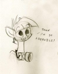 Size: 500x633 | Tagged: safe, artist:foxinshadow, imported from derpibooru, snails, unicorn, camera, horn, male, monochrome, sepia, solo, text