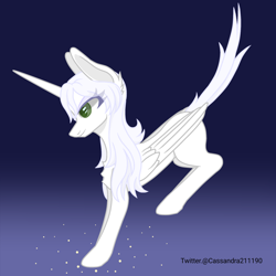 Size: 2000x2000 | Tagged: safe, artist:cassandra211190, imported from derpibooru, oc, oc only, oc:κασσάνδρα, alicorn, alicorn oc, female, gradient background, horn, long horn, mare, slender, solo, thin, wings