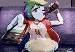 Size: 1836x1288 | Tagged: safe, artist:the-butch-x, imported from derpibooru, rainbow dash, human, equestria girls, bottle, breasts, busty rainbow dash, chips, chugging, clothes, drink, drinking, female, fingernails, food, indoors, meme, one eye closed, pajamas, potato chips, remote, signature, soda bottle, solo, watching tv meme