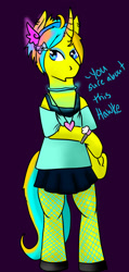 Size: 720x1512 | Tagged: safe, artist:dreamsdoodles, imported from derpibooru, oc, oc only, oc:dream baker, pony, semi-anthro, unicorn, bipedal, bow, clothes, ear piercing, female, fishnet clothing, fishnets, horn, jewelry, mare, necklace, piercing, skirt, socks, solo, stockings, thigh highs, unicorn oc, watch