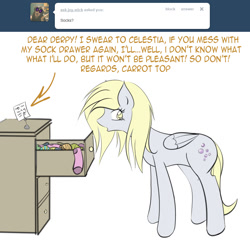 Size: 871x869 | Tagged: safe, artist:v-invidia, imported from derpibooru, part of a set, derpy hooves, pegasus, pony, ask, clothes, dresser, female, indoors, socks, solo, text, tumblr