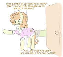 Size: 889x799 | Tagged: safe, artist:v-invidia, imported from derpibooru, part of a set, carrot top, golden harvest, earth pony, pony, ask, bed, blanket, clothes, door, female, implied derpy, mare, open mouth, pajamas, solo, text, tumblr