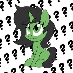 Size: 1000x1000 | Tagged: safe, artist:unitxxvii, imported from derpibooru, oc, oc only, oc:filly anon, pony, unicorn, female, filly, foal, frown, horn, looking up, patterned background, question mark, sitting, solo