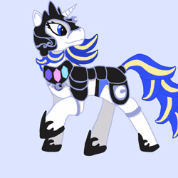 Size: 2048x2048 | Tagged: safe, artist:silverfishv9, imported from derpibooru, oc, oc only, oc:azure star (silverfishv9), pony, unicorn, armor, blue mane, element of generosity, element of honesty, element of kindness, element of laughter, element of loyalty, element of magic, elements of harmony, female, highlights, hoof shoes, horn, magical lesbian spawn, mare, offspring, parent:princess celestia, parent:princess luna, parents:princest, princess shoes, product of incest, simple background, solo, unicorn oc