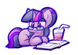 Size: 1165x826 | Tagged: safe, artist:zutcha, imported from derpibooru, sci-twi, twilight sparkle, pony, unicorn, equestria girls, :3, cute, drink, drinking straw, equestria girls ponified, eye clipping through hair, lying down, missing cutie mark, ponyloaf, prone, simple background, smiling, solo, twiabetes, unicorn sci-twi, white background