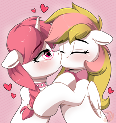 Size: 2886x3056 | Tagged: safe, artist:joaothejohn, imported from derpibooru, oc, oc only, oc:marshmallow, oc:moon rose, pegasus, pony, unicorn, blushing, bow, bowtie, clothes, commission, cute, duo, duo female, ear fluff, eyes closed, female, floppy ears, folded wings, glasses, gradient background, heart, horn, hug, kiss on the lips, kissing, lesbian, mare, multicolored hair, nose wrinkle, oc x oc, pegasus oc, shipping, striped background, unicorn oc, wings