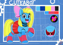 Size: 3775x2696 | Tagged: safe, artist:joaothejohn, imported from derpibooru, oc, oc only, oc:cuteamena, earth pony, pony, robot, robot pony, blueprint, clothes, cute, earth pony oc, looking at you, maw, mawshot, open mouth, patterned background, raised hoof, reference sheet, ribbon, skirt, socks, tongue out