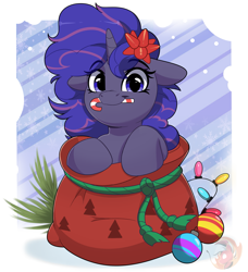 Size: 3079x3379 | Tagged: safe, artist:joaothejohn, imported from derpibooru, oc, oc only, oc:mystic brew, pony, unicorn, candy, candy cane, christmas, christmas lights, commission, cute, floppy ears, food, holiday, horn, looking at you, mouth hold, passepartout, santa sack, unicorn oc, ych result