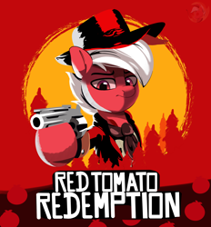 Size: 2804x3024 | Tagged: safe, artist:joaothejohn, imported from derpibooru, oc, oc only, oc:flamebrush, pegasus, pony, abstract background, badass, clothes, cowboy, cowboy hat, frown, game, glare, gun, handgun, hat, looking at you, male, multicolored hair, old west, pegasus oc, red dead redemption 2, revolver, text, tree, weapon, wings